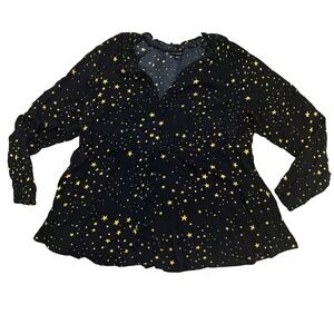 Torrid Black Yellow Star Print Celestial Babydoll Blouse V-Neck Ruffle Womens 1X
